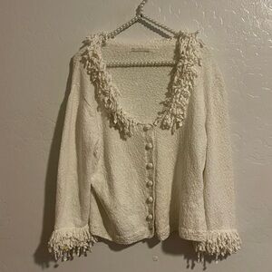 Cream Fringe-Trim Button Front V-Neck Sweater